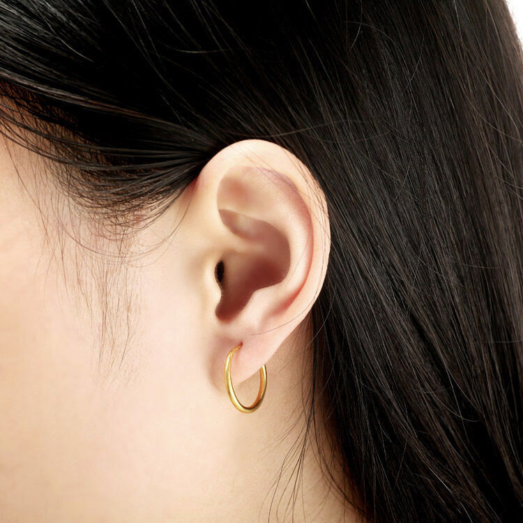 New Authentic 24K Yellow Gold Earrings Women’s Elegant Smooth Hoop Earrings 12mm