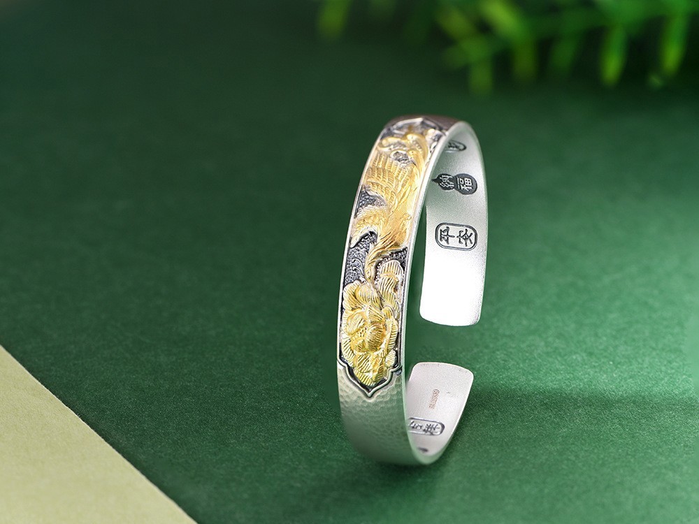 Gilded Phoenix Peony Wide Cuff Bangle Chinese Blessing 999 Solid FineSilver Gold
