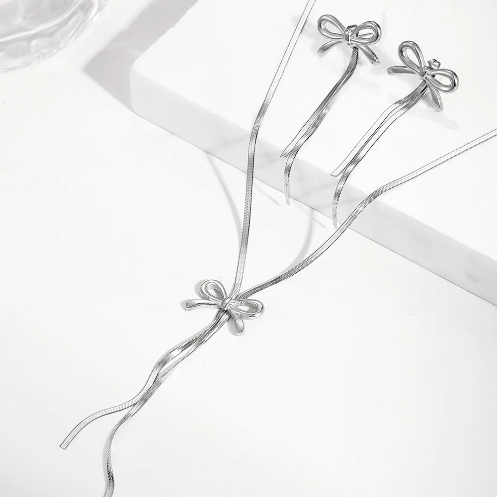 Stainless Steel Bow Tassel Necklace & Earings Women Collar Chain Jewelry Gift