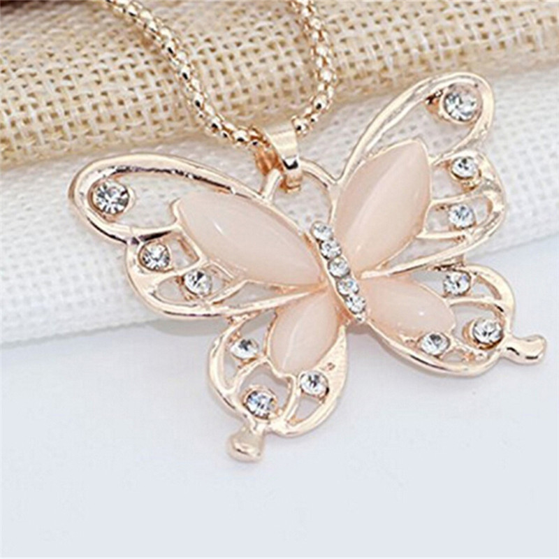 Rose Gold Tone Butterfly Pendant Necklace – Rhinestone Shine Fashion Jewelry