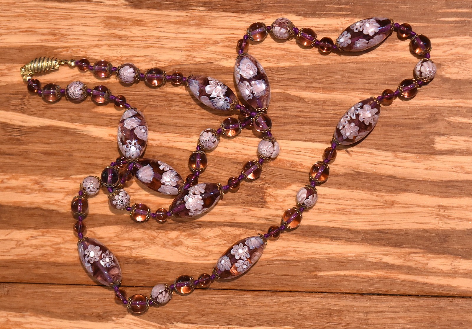 Vtg Venetian Murano Lavender Millefiori Glass Beaded Hand Knotted Necklace