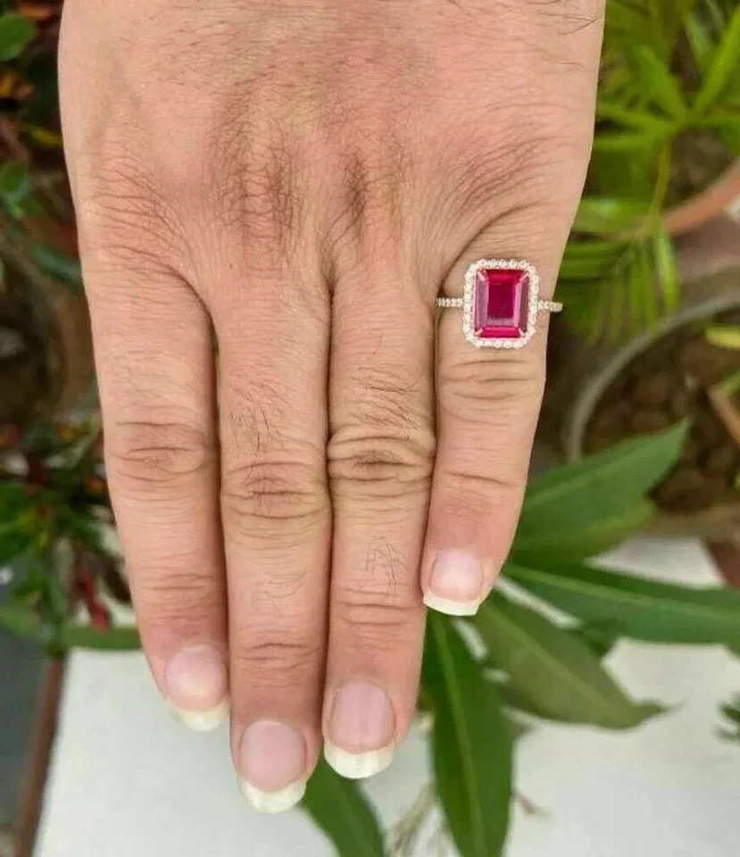 3.10 Ct Emerald Cut Natural Ruby Diamond Wedding Ring 14K Solid Yellow Gold