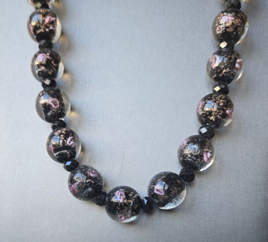 Murano Clear & Black Rosette Glass Bead Necklace 20-22 Inches in Silvertone