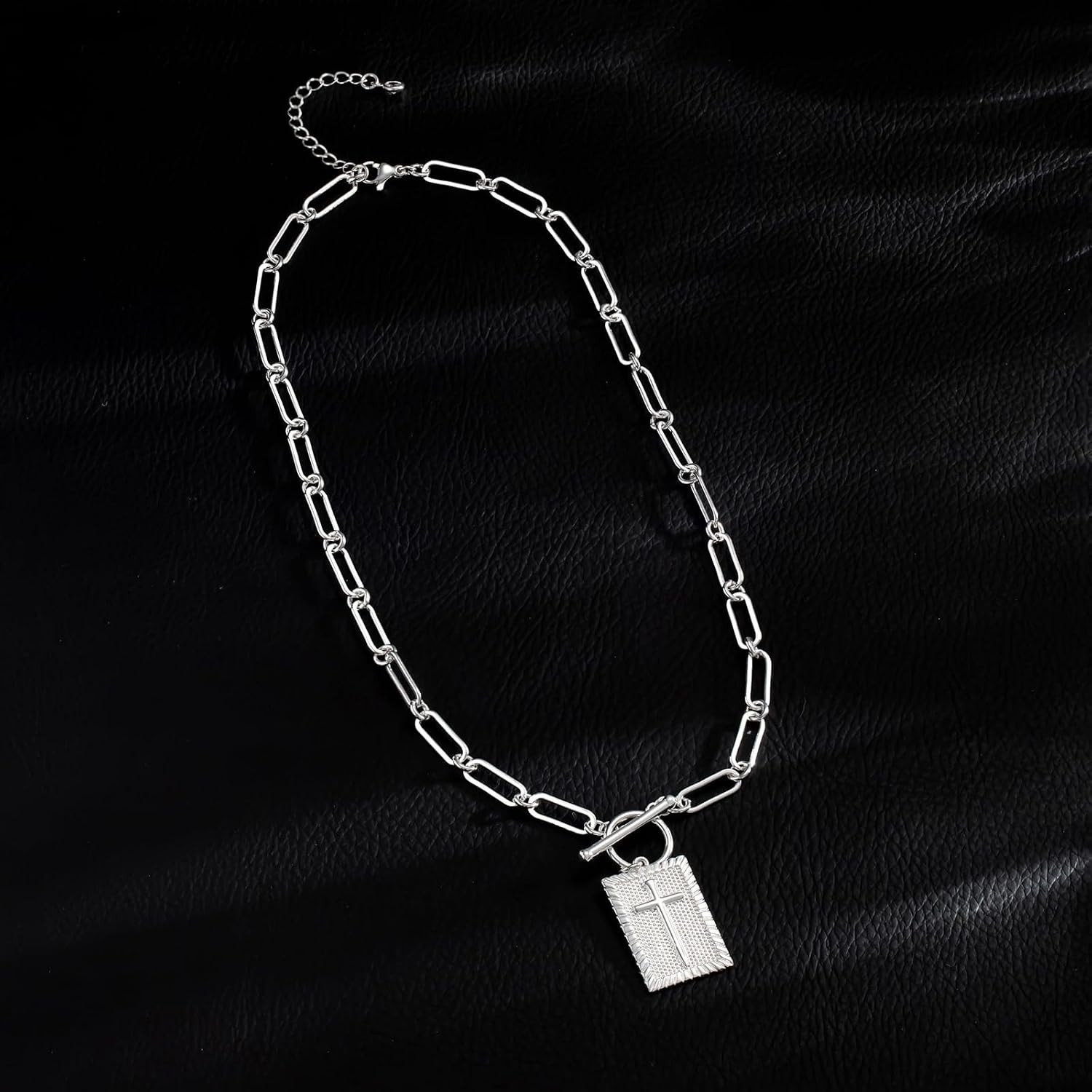Paperclip Cross Pendant Necklace for Women Gold Toggle Clasp Rectangle Necklace