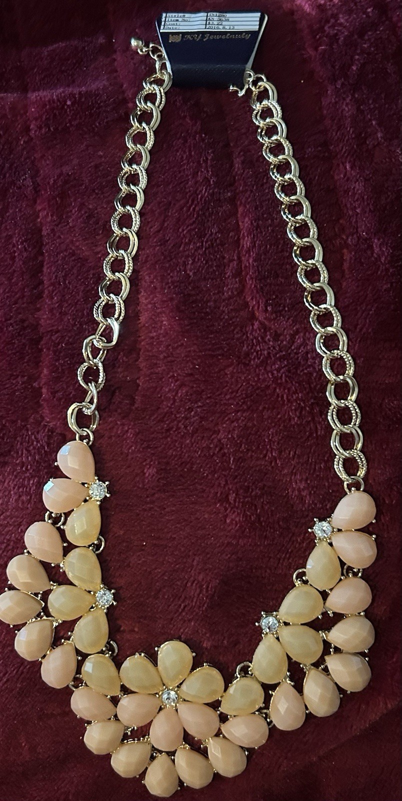 KJ Jewellery Signed Gold-Tone Pink & Cream Rhinestone Bib Statement Necklace