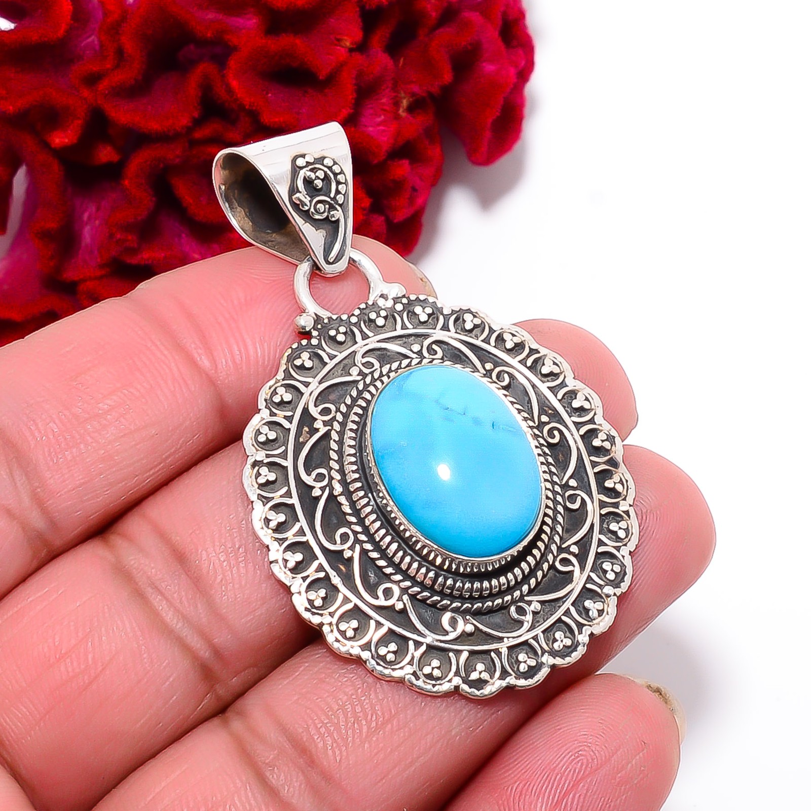 Magnesite Turquoise 925 Sterling Silver Bali Pendant 2.22″ P96155