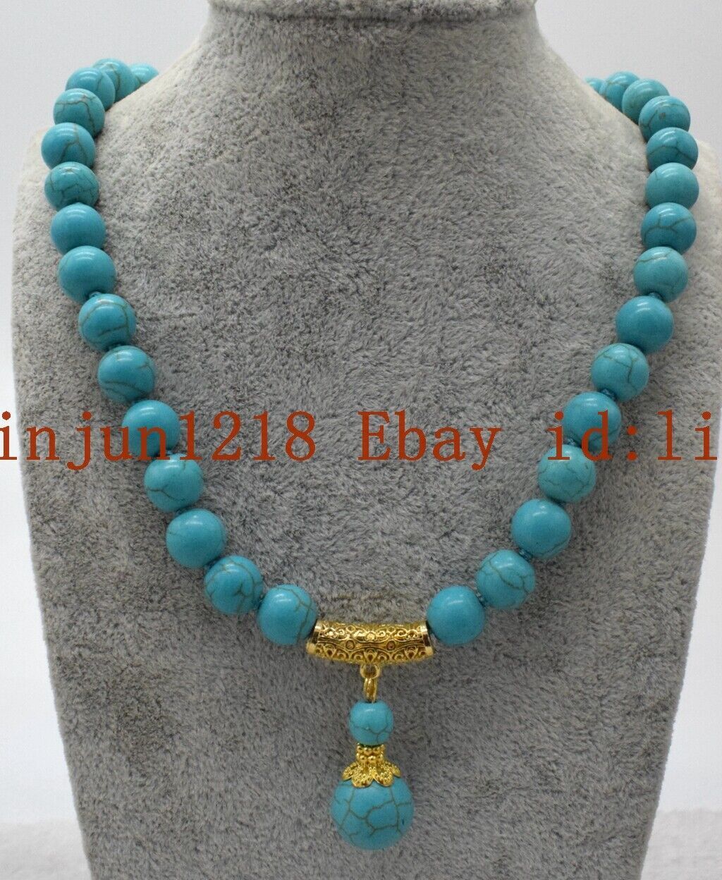 Natural 10mm Blue Turquoise Round Gemstone 8-10mm Pendant Beads Necklace 18”