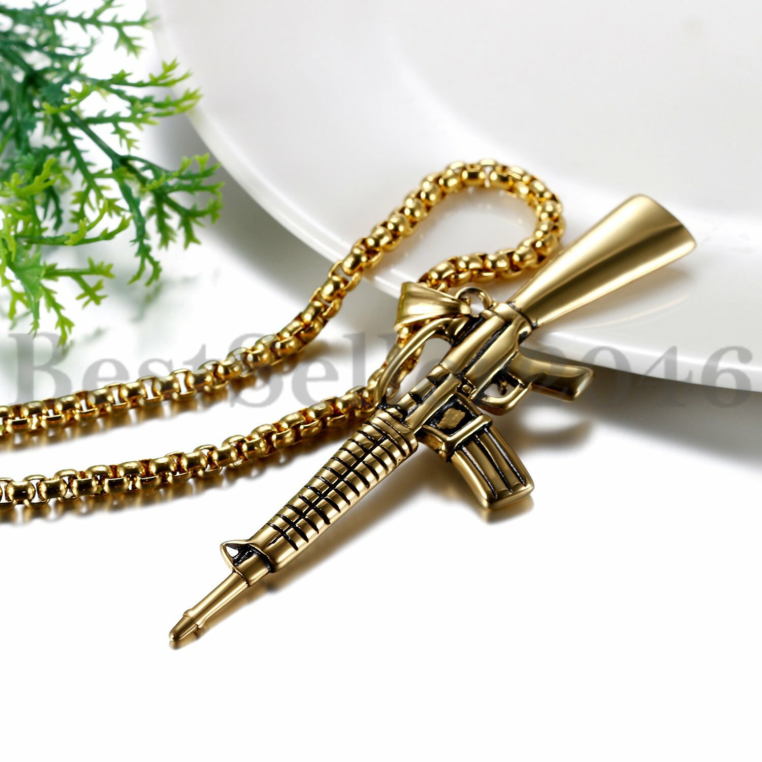 Mens Boys Stainless Steel Rifle Gun Military Army Jewelry Pendant Necklace 22″