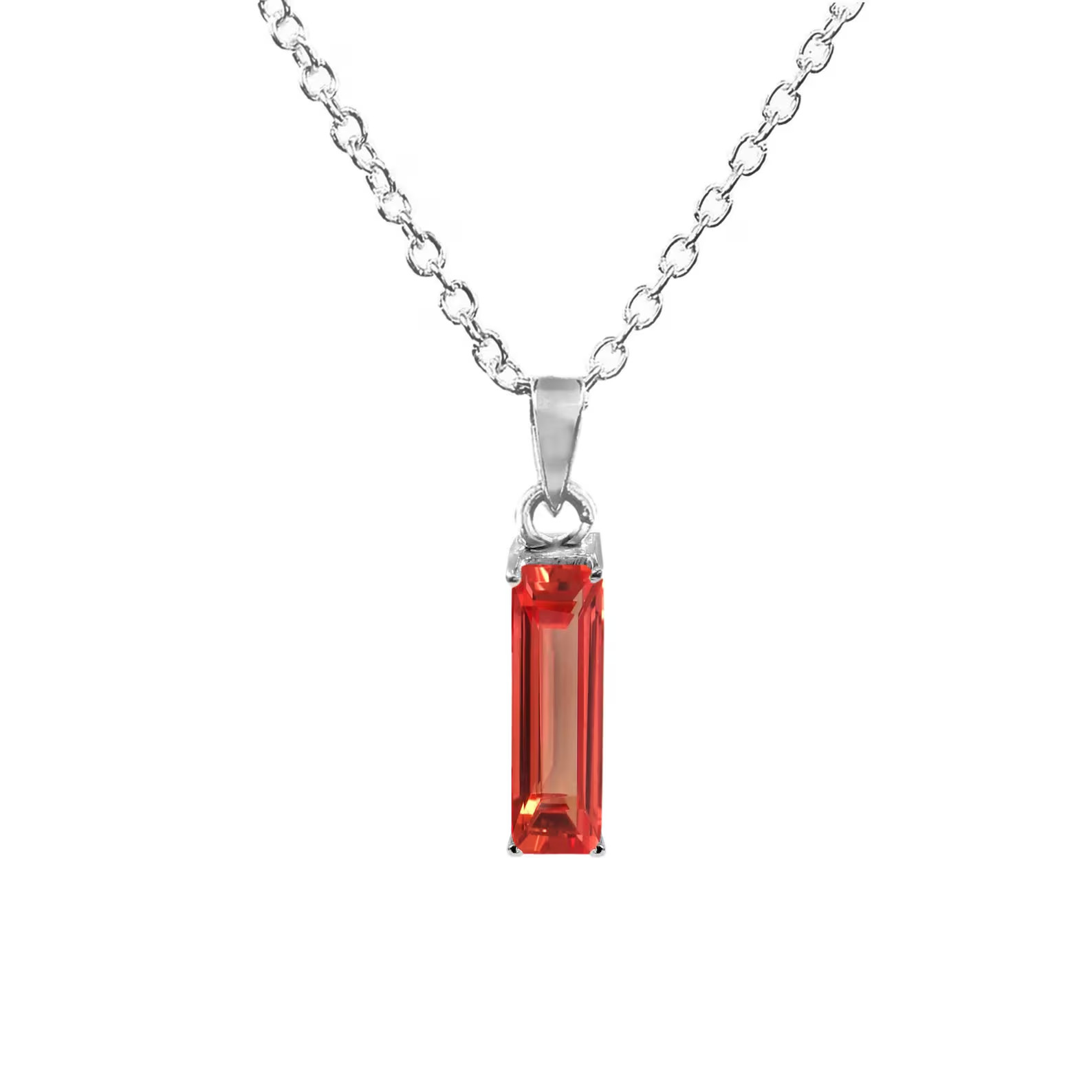 Flawless Ceylon Padparadscha Sapphire Baguette Pendant: Sterling Silver Charm