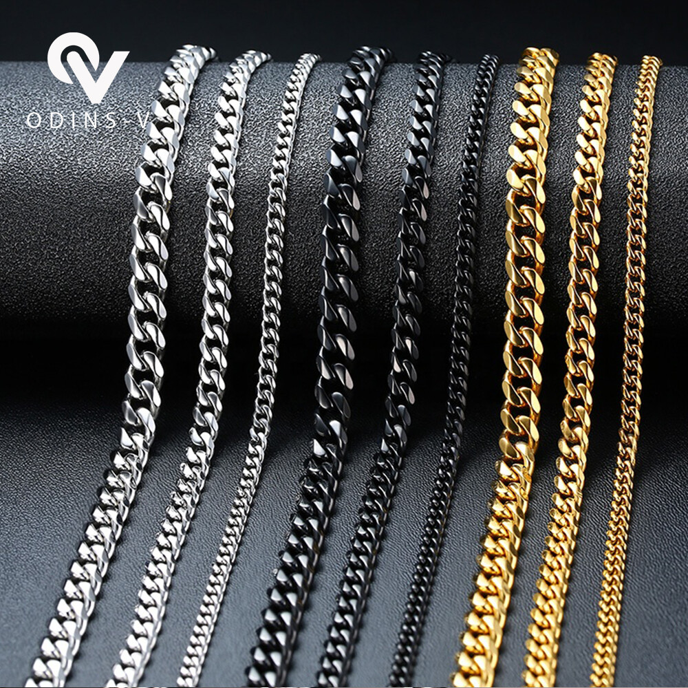 Mens Womens Chain Silver Gold Black Cuban Link Necklace 3mm 5mm 7mm 9mm 11mm 15m