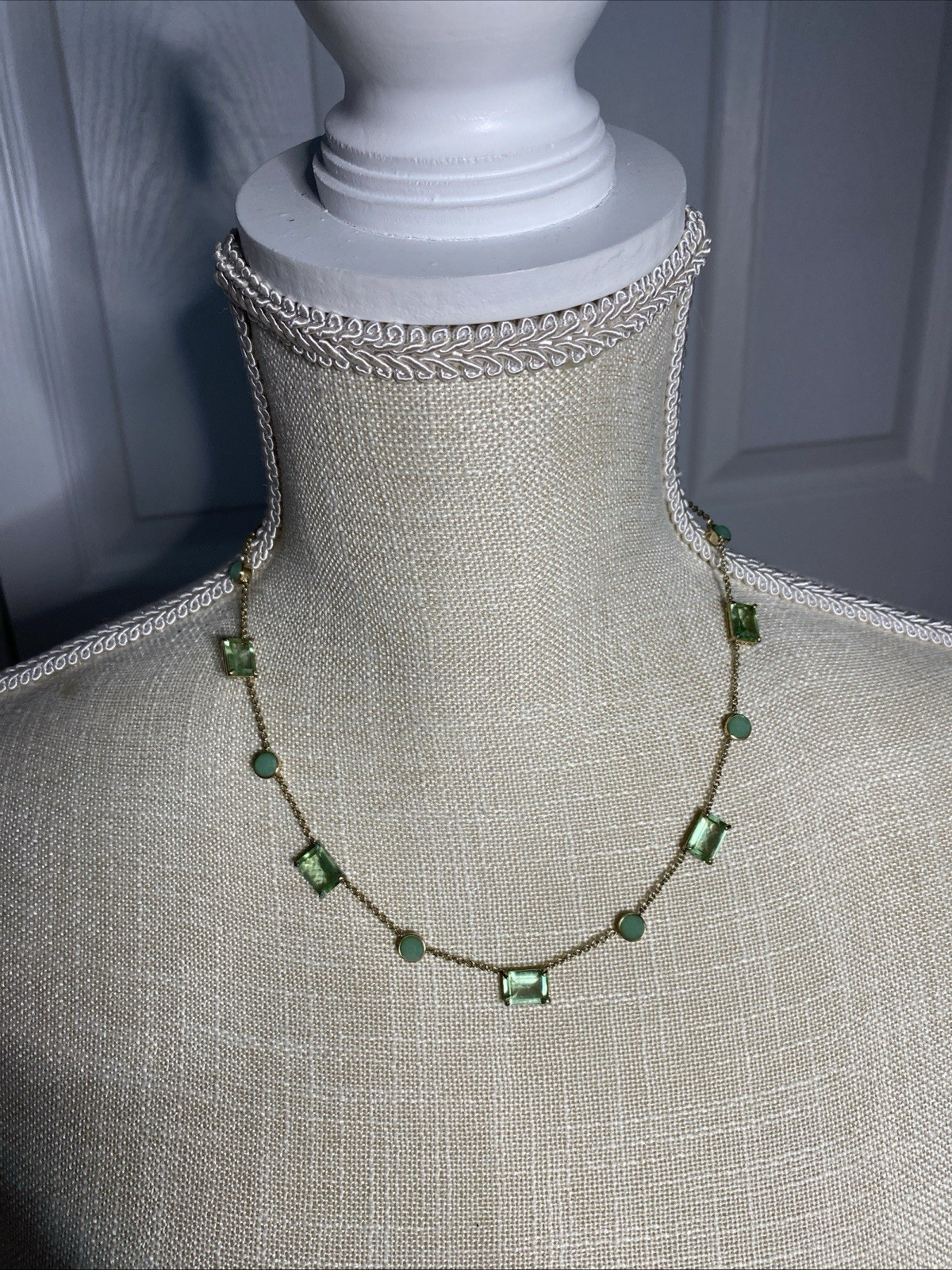 LRL Ralph Lauren Station Necklace Gold Tone With Green Emerald Cut Stones 16”