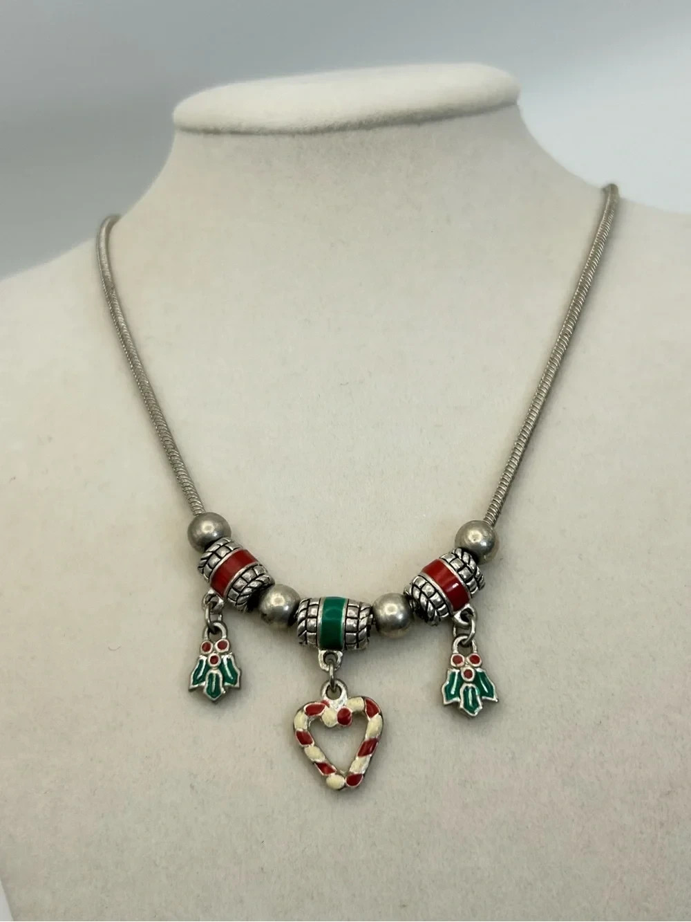 Cookie Lee Holiday Charm Necklace Red Green Silver-Tone Candy Cane Heart 18″ VTG