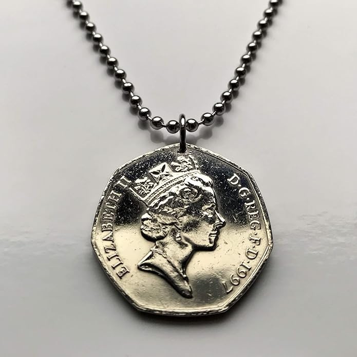 1997 UK 50 Pence coin pendant British lion Britannia London England Leeds 000193