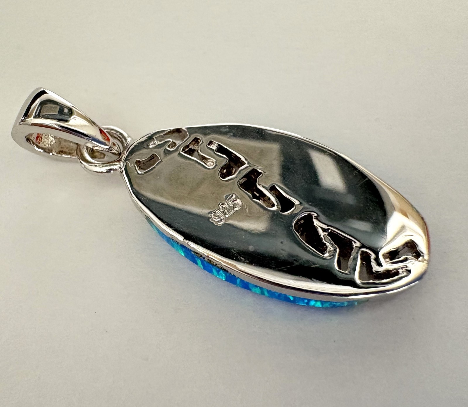Sterling Silver Blue Fire Opal Surfboard Wave Pendant 925 Hawaiian Style Inlay