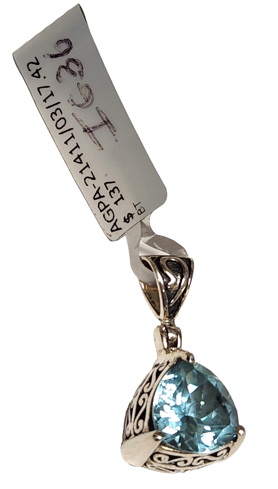 NWT SJ Sterling Silver Trillion Cut 17.42 tcw Blue Topaz Filigree Pendant 1″