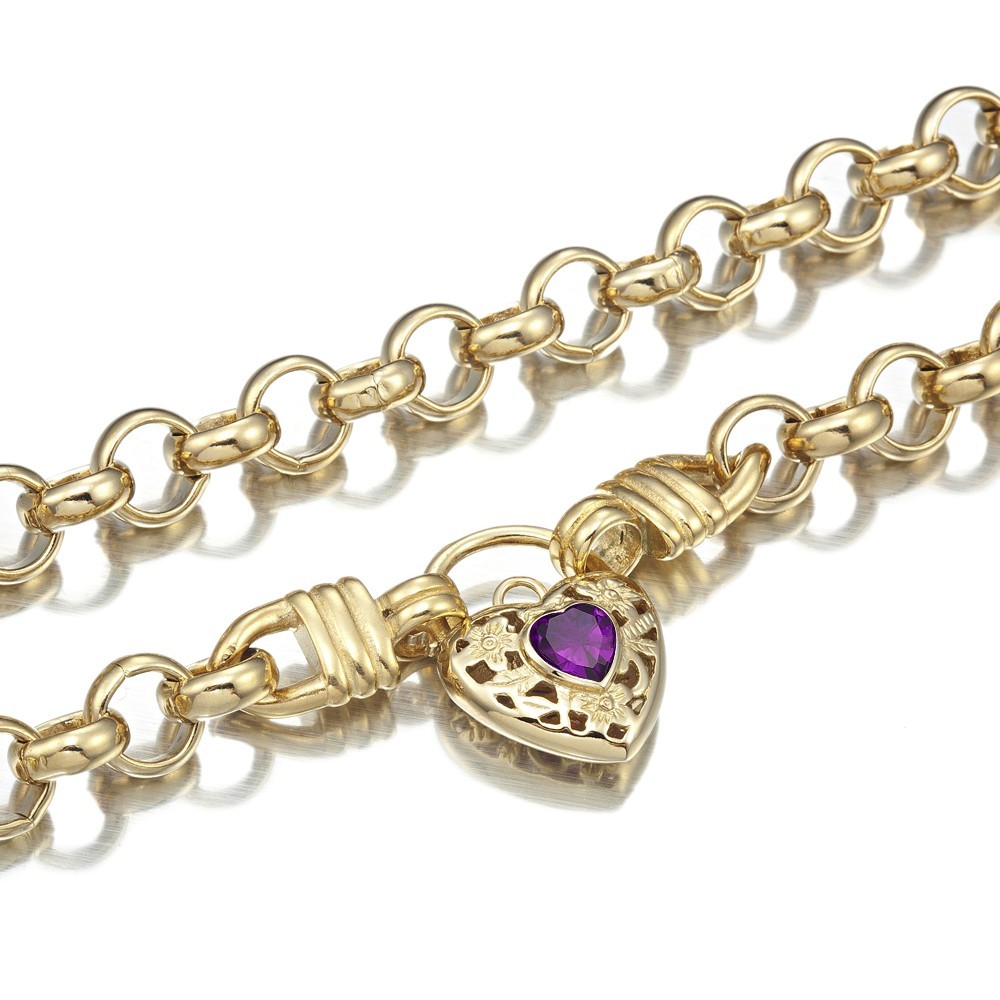 18K GL Thick Belcher Yellow Gold Necklace Filigree Heart Padlock Amethyst Purple
