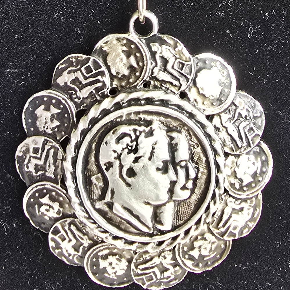 Judy Lee Napoleon Pendant Necklace – Silver Toned Coins Pendant