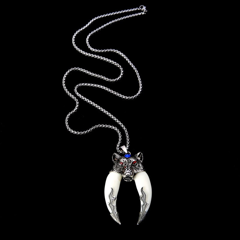 Men’s Fashion Jewelry Silver Wolf Tooth Ivory Pendant Necklace 455
