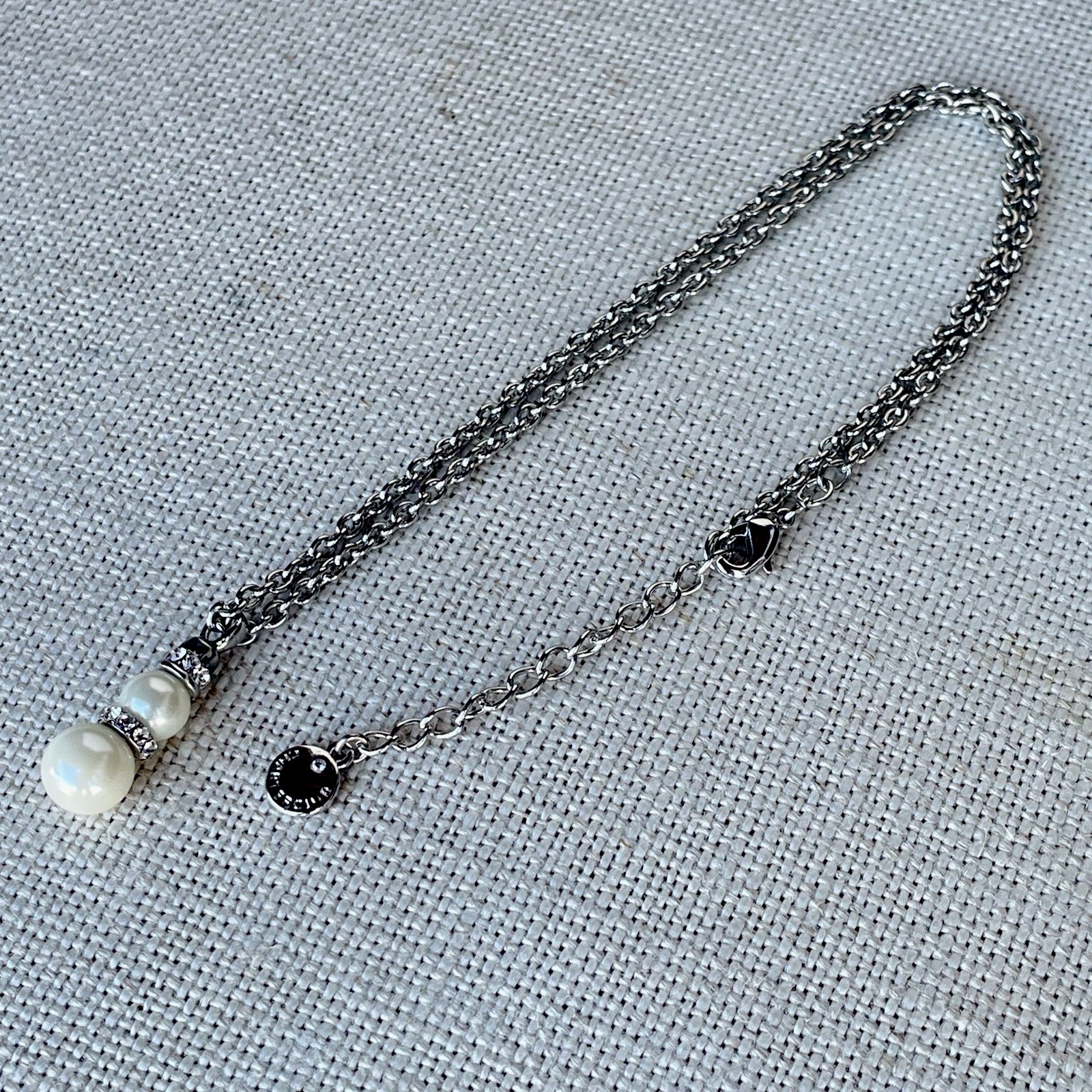 Charter Club Faux Pearl Rhinestone Pendant Necklace Silver Tone Signed 18-20”