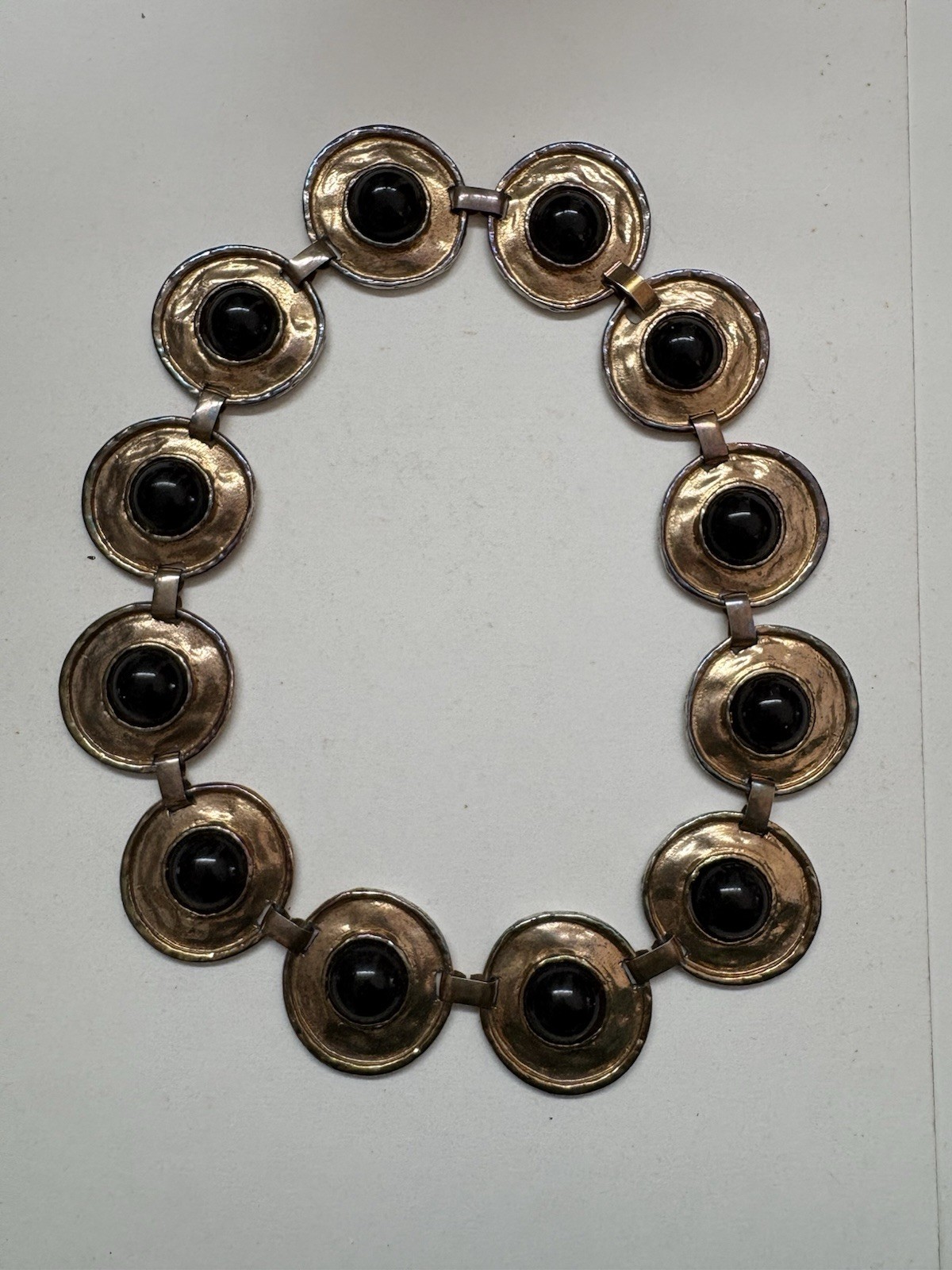 Vintage Chocker Necklace Large Modernist Hammered Disks W Black Cabochons 80’s