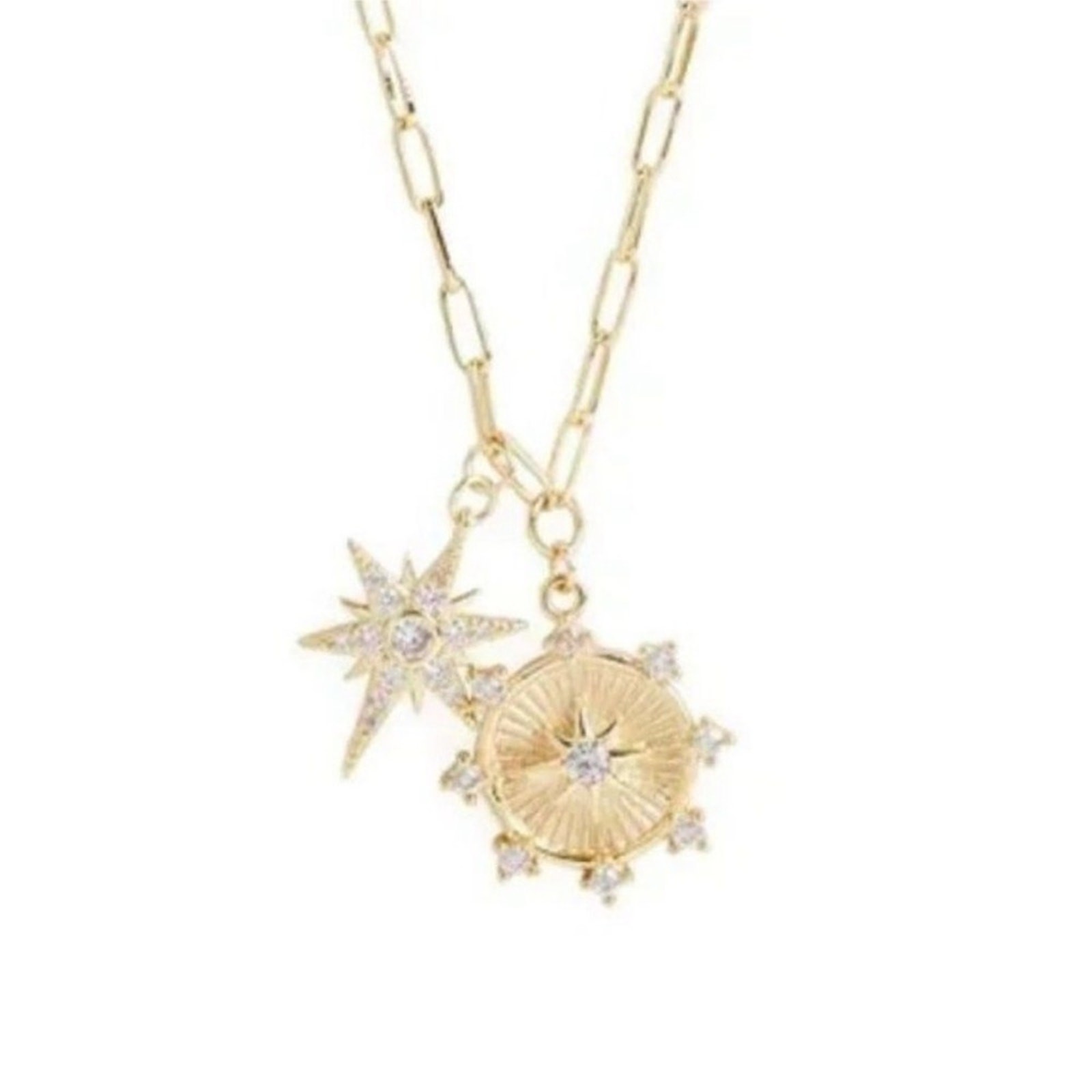 NEW Jennifer Miller Starburst Charm Necklace 14k Gold Plated Paper Clip Chain
