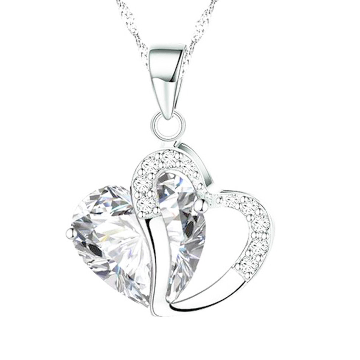 Crystal Heart Necklace 14K White Gold Plated Cubic Zirconia Women Jewelry 18″