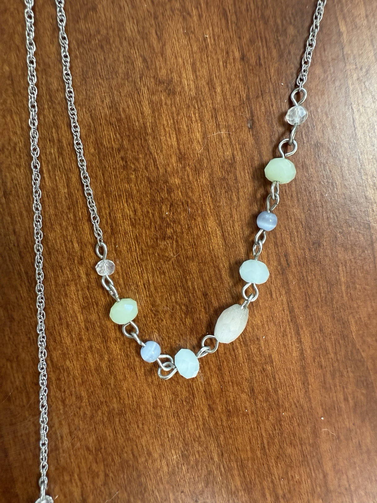 Bohemian Silver Tone Tassel Necklace Cable Chain Round Blue/Green Beads