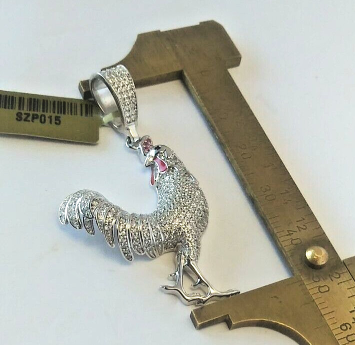 925 Sterling Silver Pendant LARGE Iced ROOSTER CHICKEN cubic zirconia CZ 48X26MM