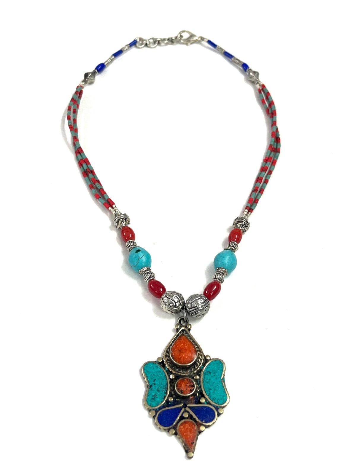 Nepalese Turquoise Coral Gemstone Tibetan Necklace Jewelry, 18 inch Adjus
