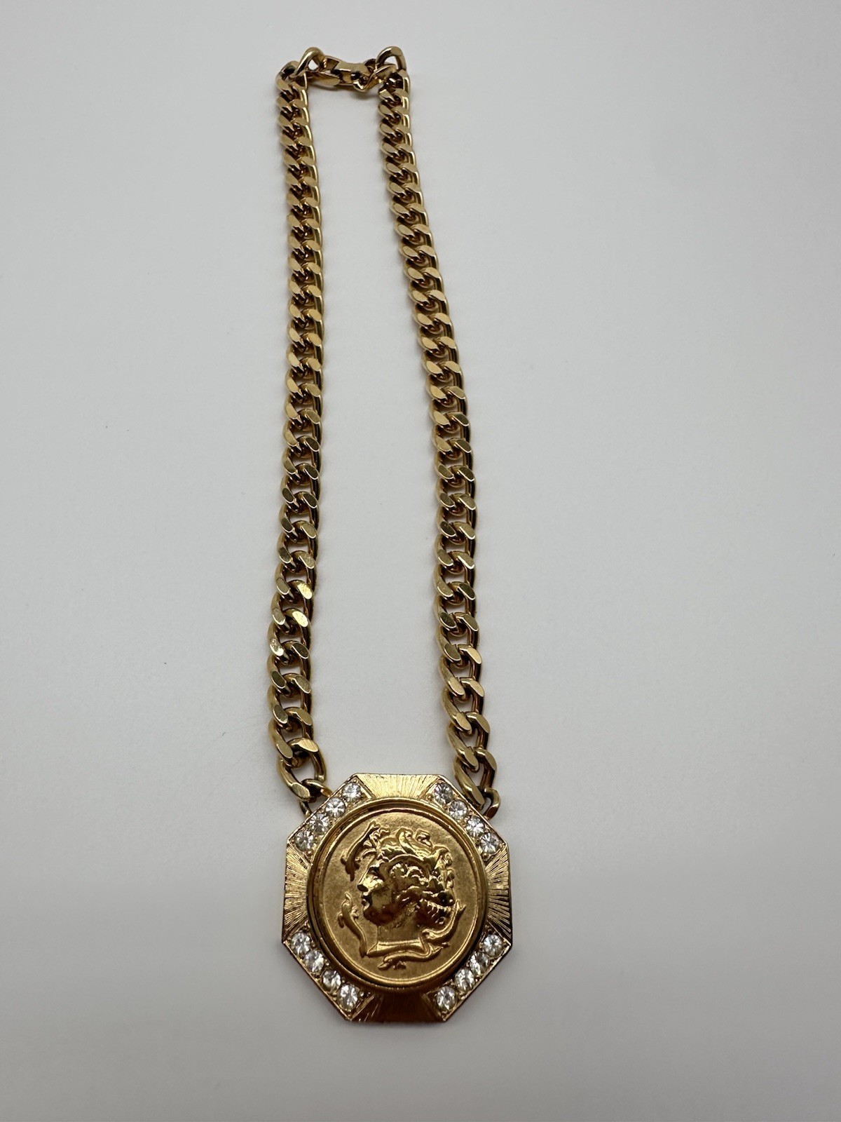 Gold Tone Miami Curb Chain/Crystal Accents/Roman French Emp. Faux Coin Pendant