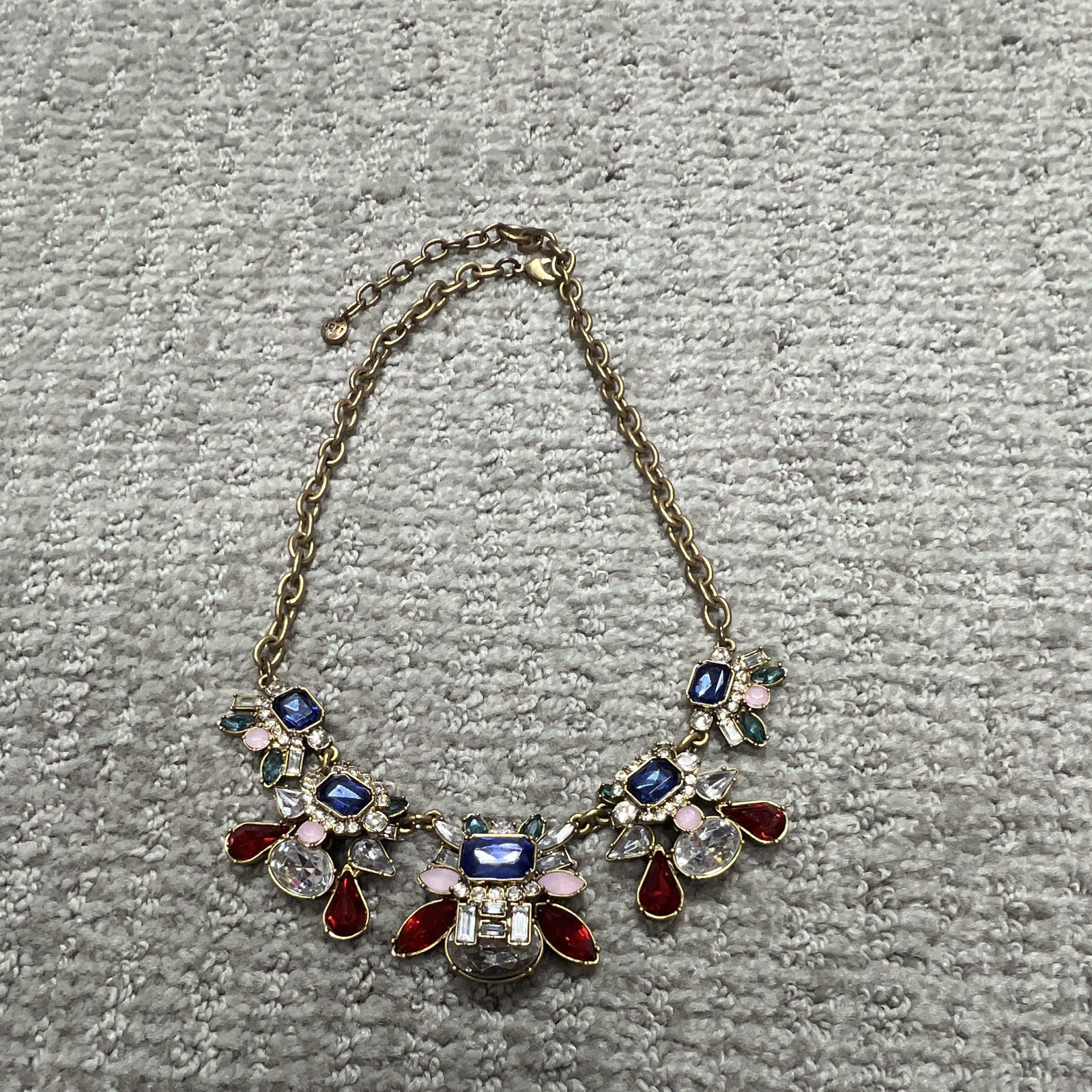 Gold Tone Cable Chain Statement Necklace, Multicolor Prong Set Rhinestones