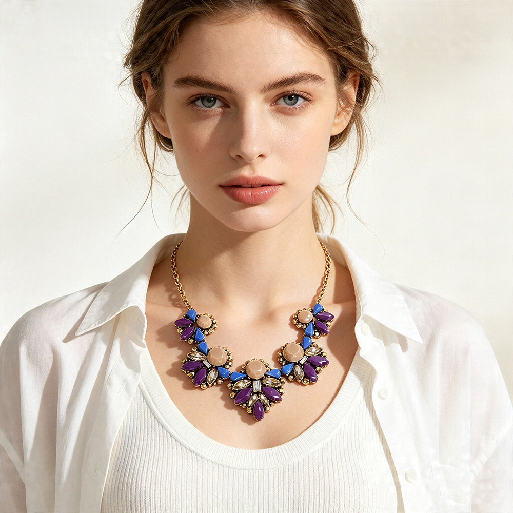 Vintage Colorful Resin Floral Bib Necklace Gold Plated Rhinestone For Women
