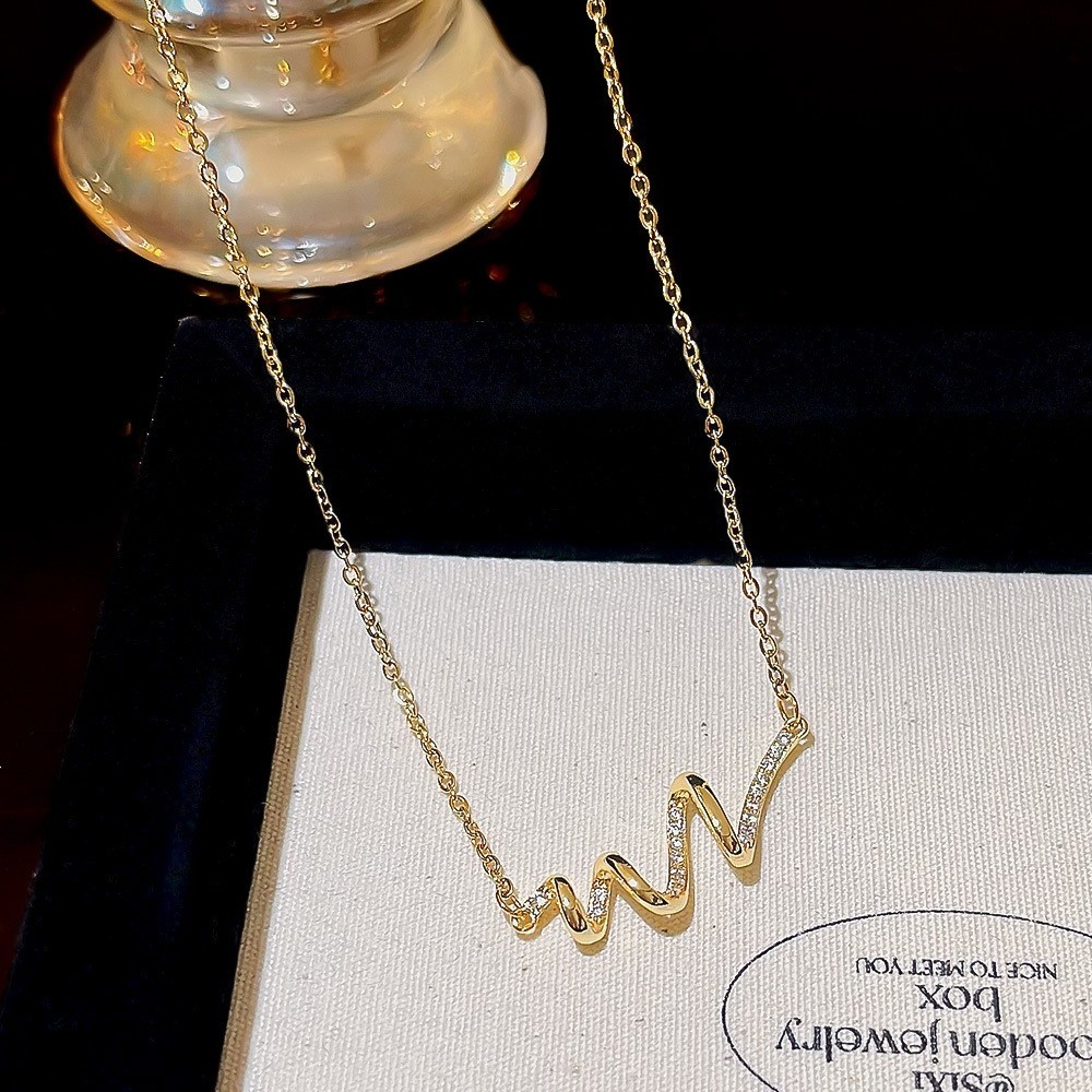 Gold Plated Wave Heartbeat Pendant Tiny Paved CZ Thin Chain Clavicle Necklace