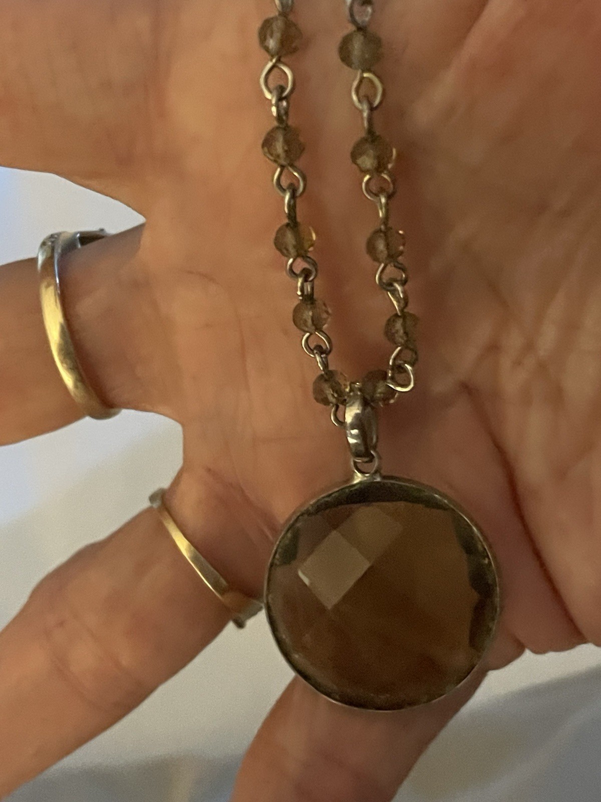 Silver Tone Rolo Chain Necklace Round Brown Glass Charm Pendant Bezel Set