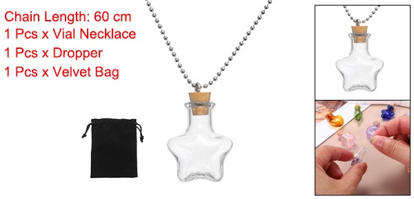 25mm Vial Necklace with Cork Stoppers Black Velvet Bag Star Shaped Clear