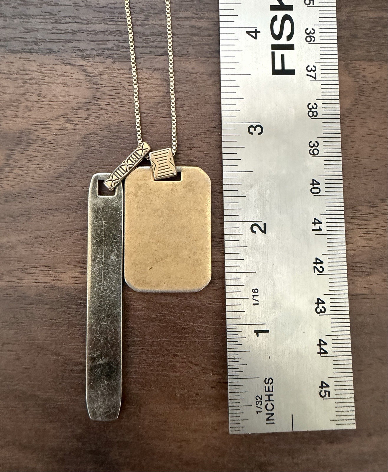 Madewell Dual Pendant Dog Tag Bar Necklace Long Gold Tone Box Chain Black Accent