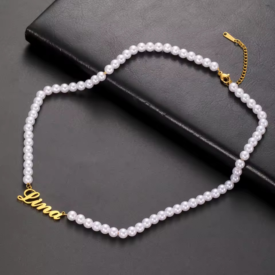 Custom Name Pearl Chain Pendant Necklace Jewelry Stainless Steel Gold Silver