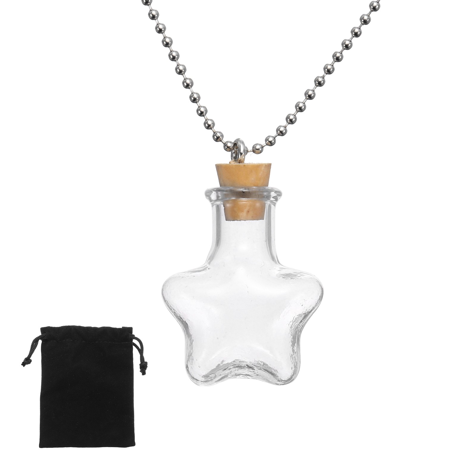 25mm Vial Necklace with Cork Stoppers Black Velvet Bag Star Shaped Clear