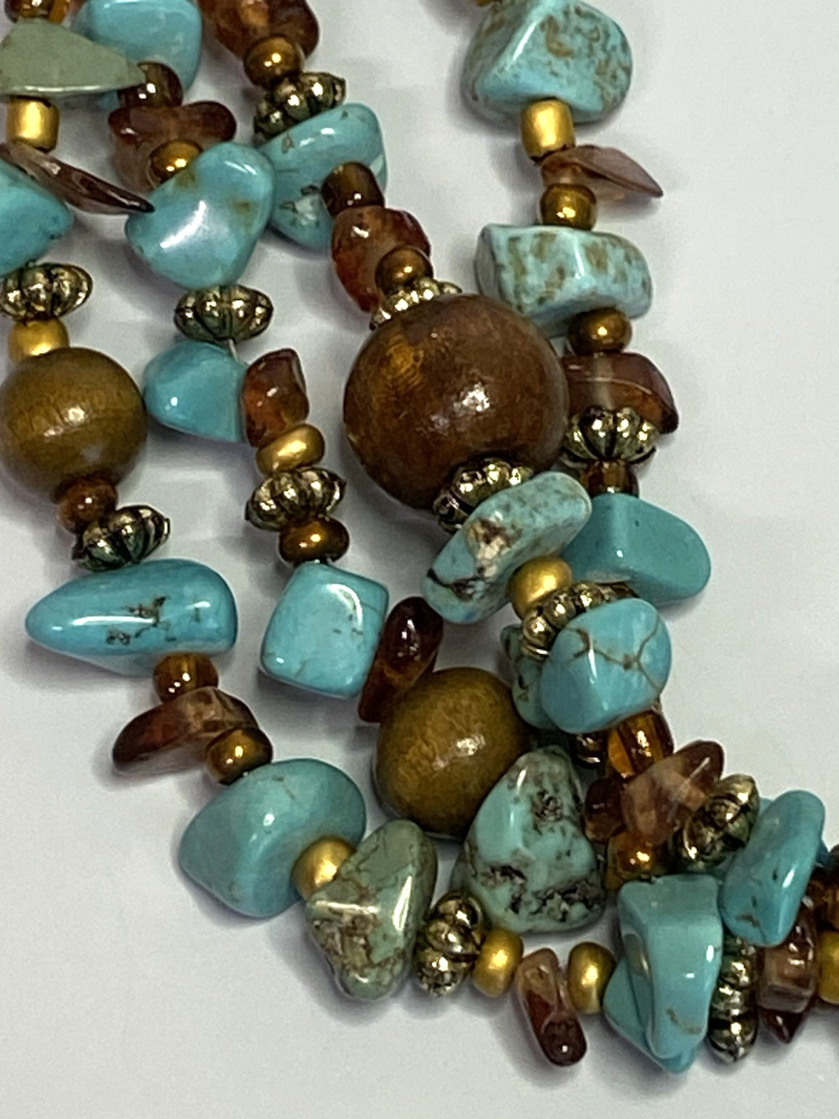 CYNTHIA GALE Turquoise Chip Multi-Strand Choker w/ Tortoise-Look Pendant 16–20in