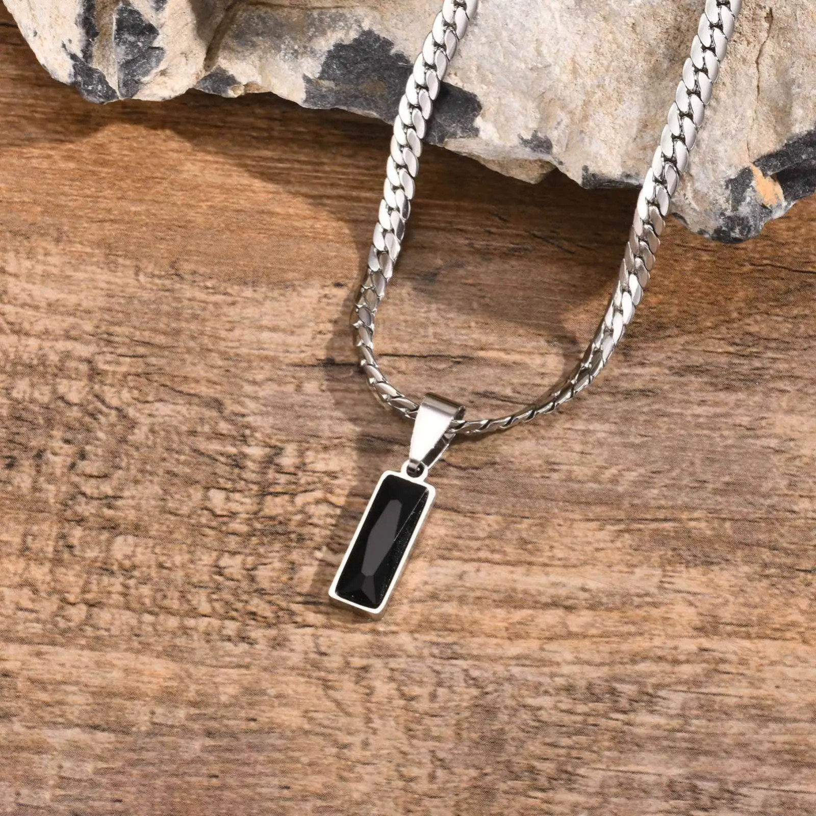 Men’s Stainless Steel Geometric Pendant Necklace Silver Cuban Chain Hip Hop