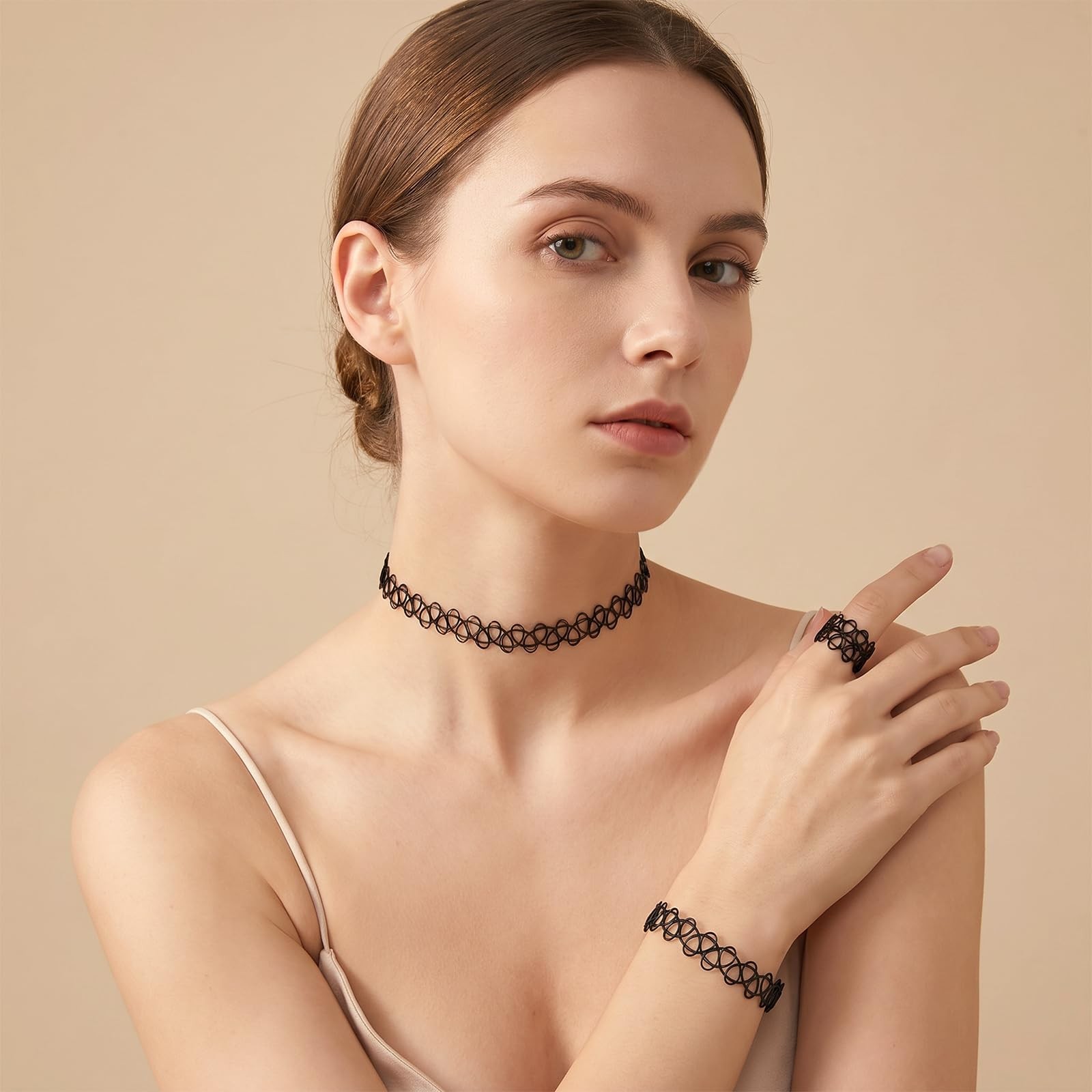 6 Pcs 90s Tattoo Choker Necklace Set Stretchy one size, Black