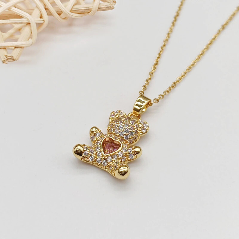 Women’s Fashion Gold Or Silver Teddy Bear Pink Heart Cubic Zircon Necklace 1-264