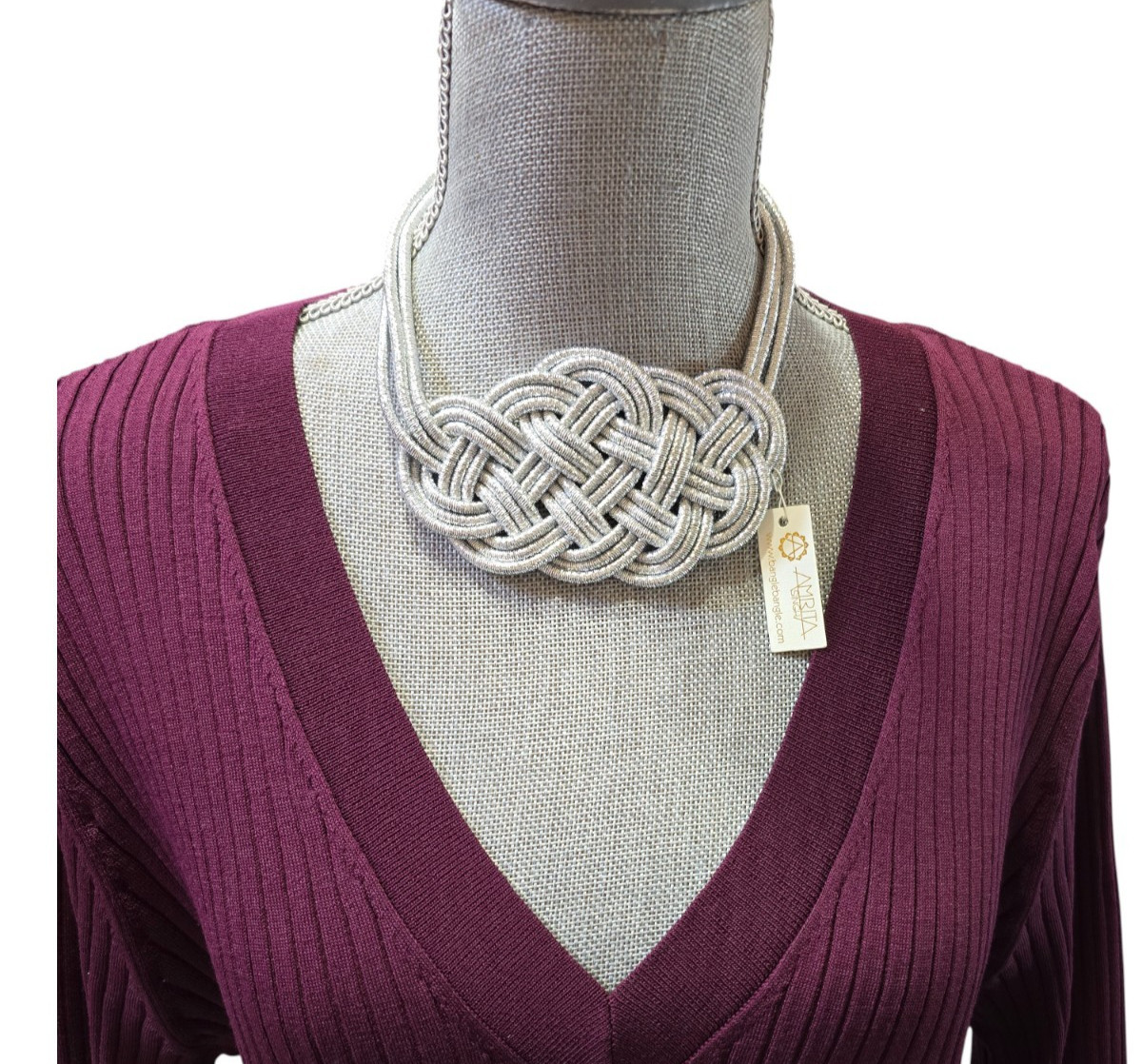 Amrita Singh Silver Bib Necklace Statement Braided Rope Magnetic Clasp NWT