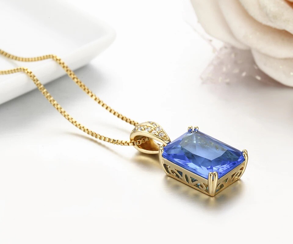 ZARD Emerald-Cut Rectangle Blue Cubic Zirconia Pendant Necklaces in Gold Tone