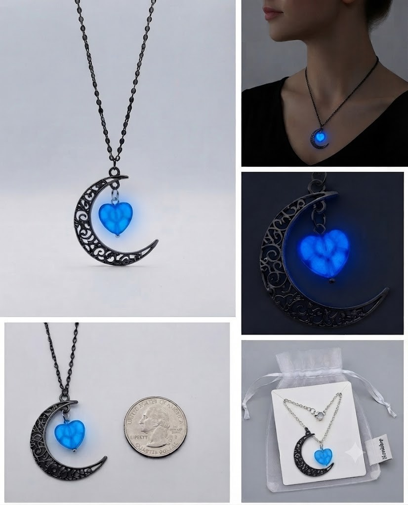Glow in the Dark Moon and Heart Pendant Necklace – Silver Plated Fashion Jewelry