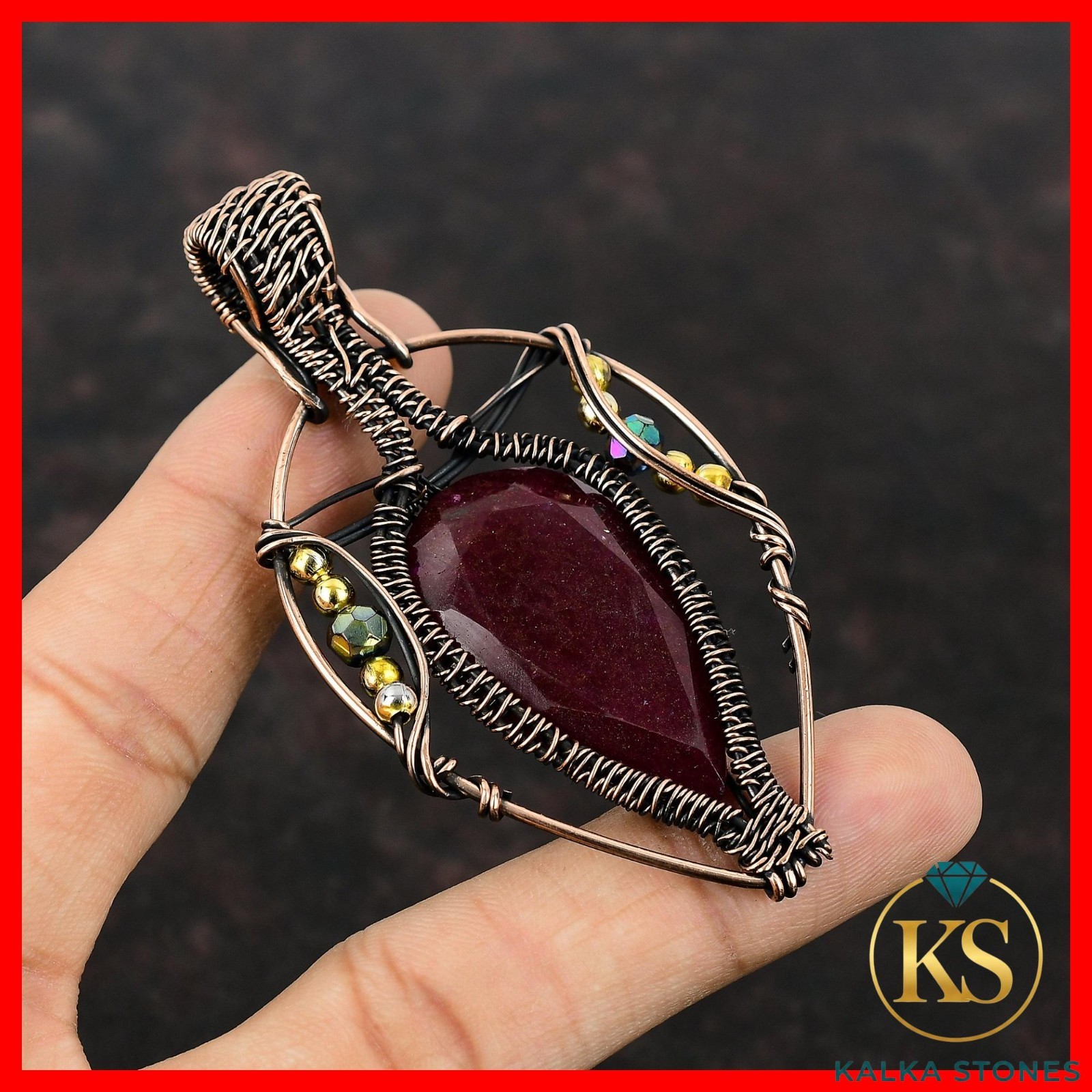 Natural Faceted Kashmir Rubi Titanium Beads Copper Wire Wrapped Birthday Pendant