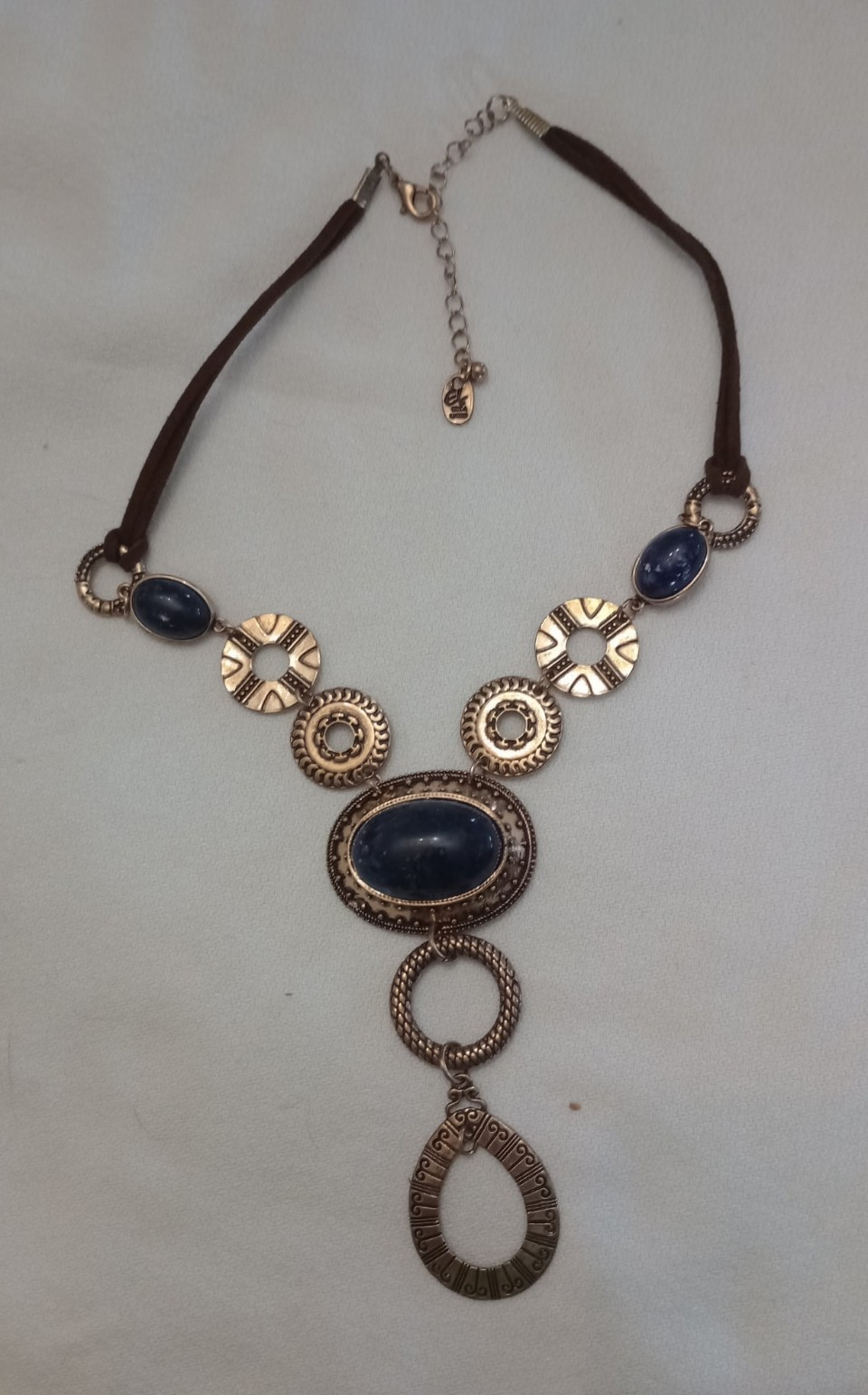 Blue Oval Bezel Statement Necklace, Faux Suede Cord, Teardrop Pendant