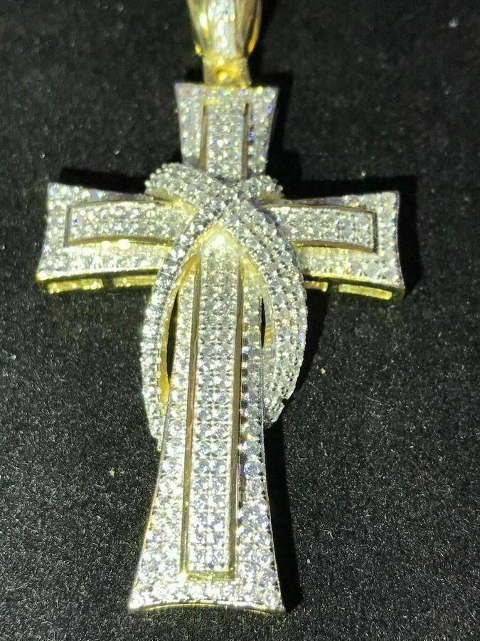 Cross Crucifix Pendant Simulated Diamonds 14K Gold Plated 925 Sterling Silver