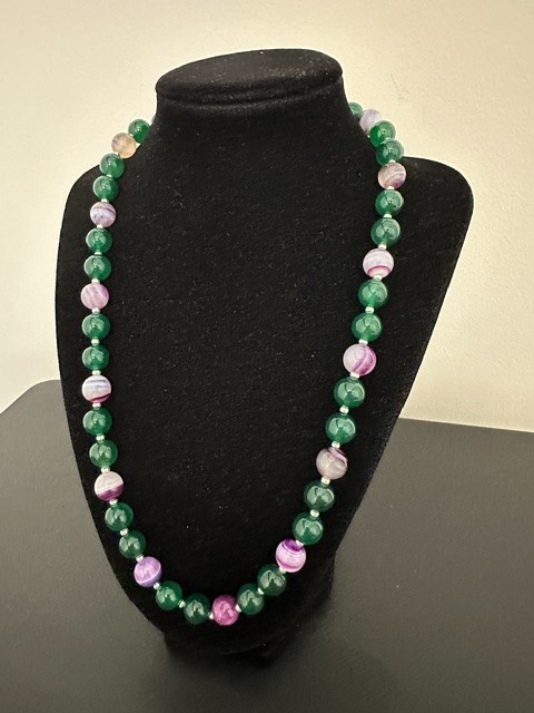 Natural Green and Purple Striped Agate 10 mm Gemstone Round Beads 22 ” Necklace.