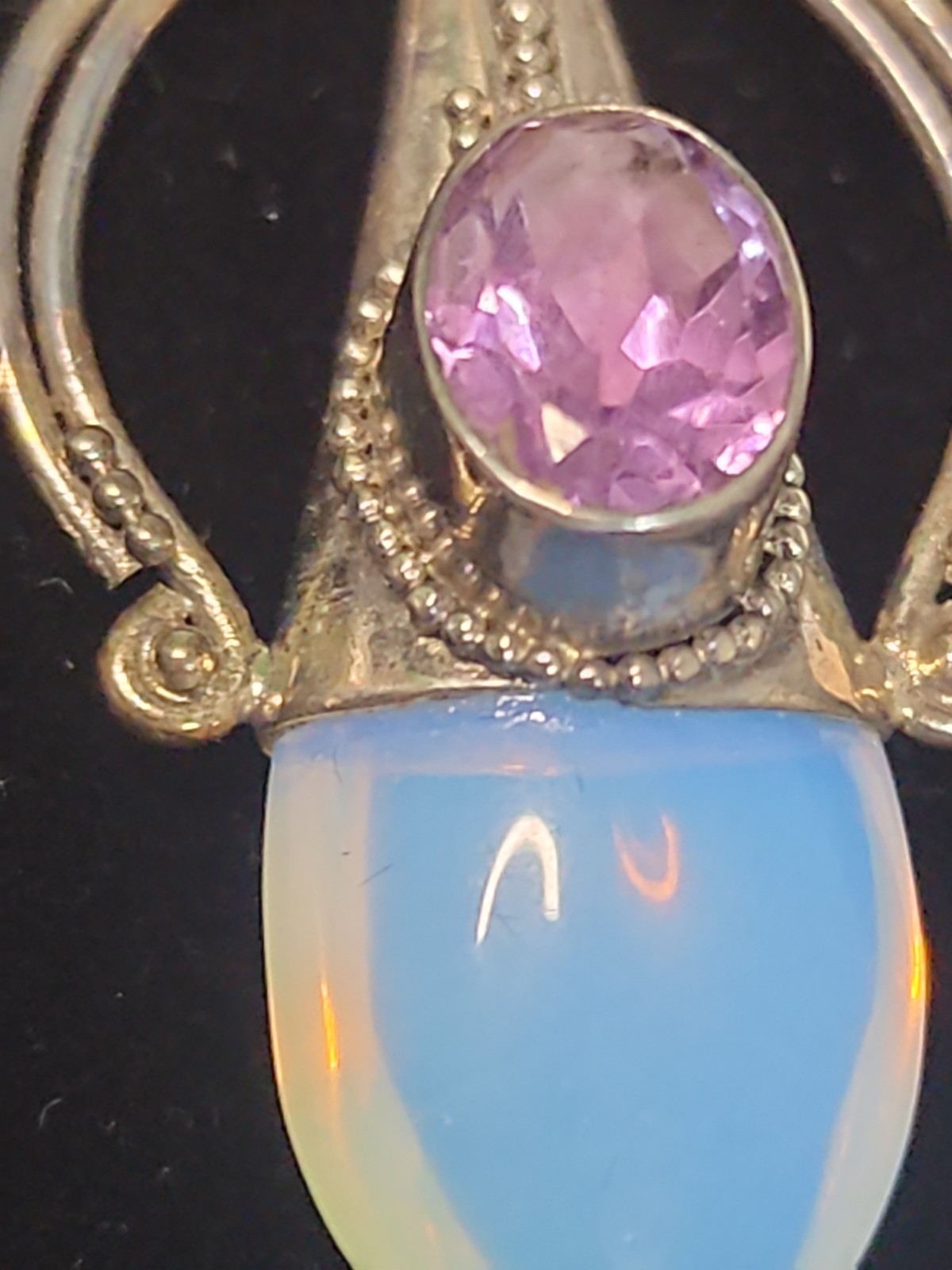 Sterling Silver Pendant 6.2g Fine Jewelry Opalite & Amethyst Stone 20″ Box Chn.